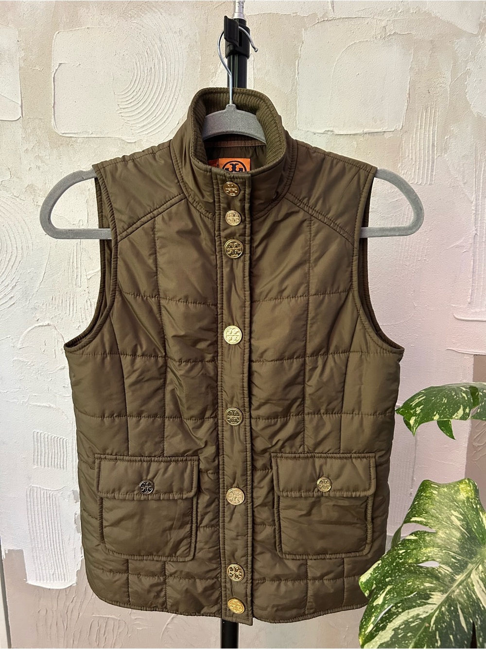 GUC Tory Burch Quilted Olive Vest with Gold Buttons size XS